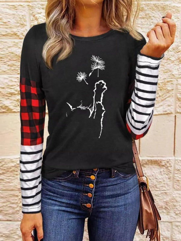 Cat Print Plaid Stripe Patchwork Long Sleeves Sweatshirt