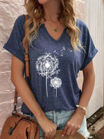 Dandelion Print V-neck Casual Short Sleeves T-shirt