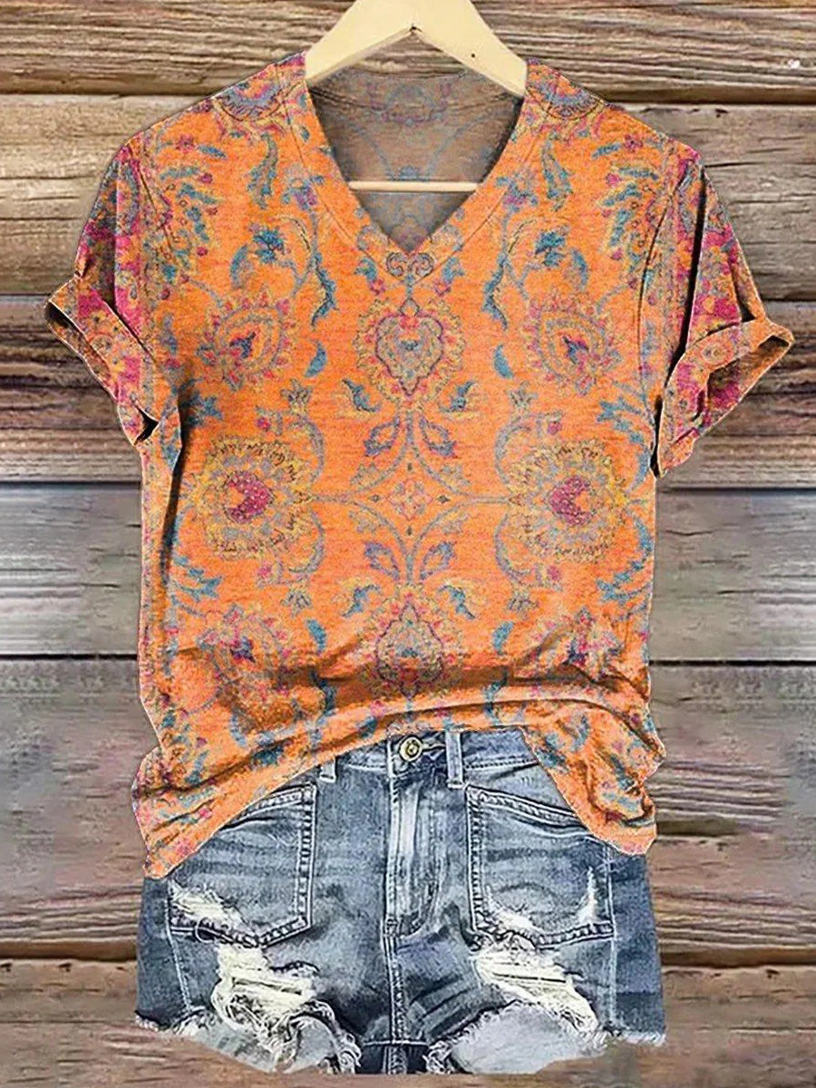 Stunning Orange V-neck Short Sleeve Tops