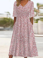 Pink Side Pocket V-neck Short Sleeve Midi Dress