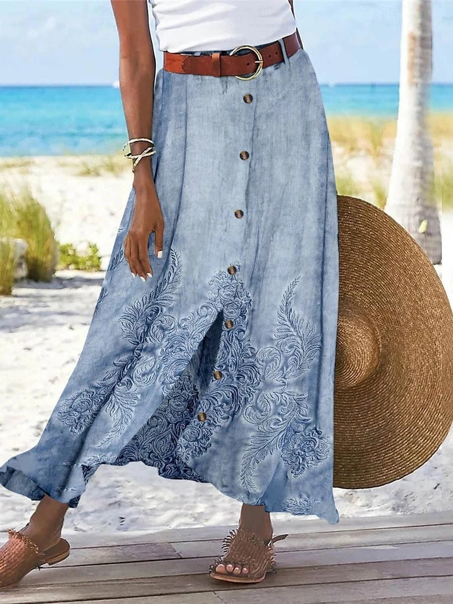 Floral Printed Graphic Straight Fashion Split Button Maxi High Waist Skirt