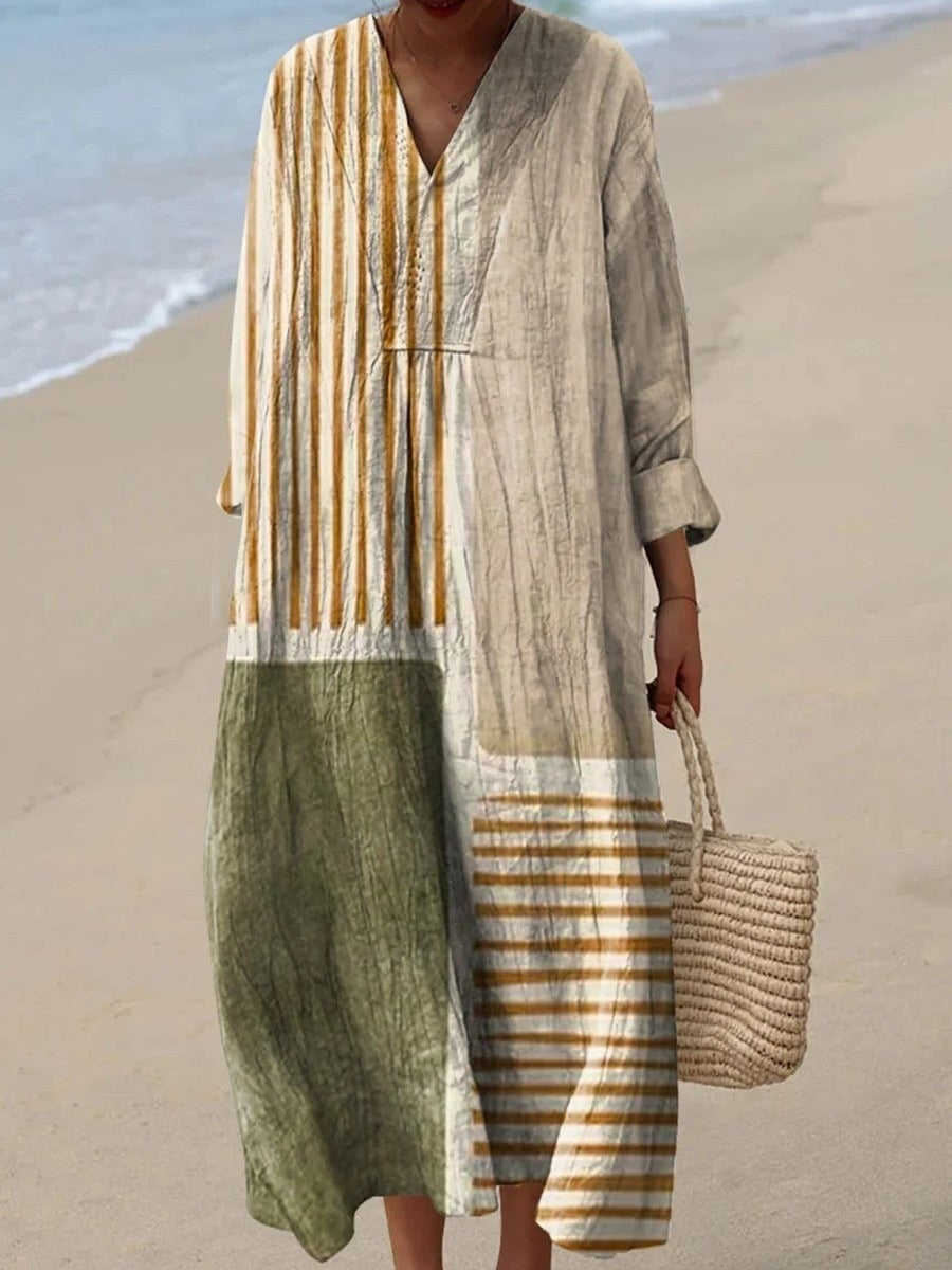 Abstract Pattern Art Print V-neck Long Sleeve Cotton Maxi Dress