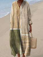 Abstract Pattern Art Print V-neck Long Sleeve Cotton Maxi Dress