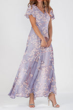 Casual Floral Print V-neck Ruffle Short Sleeve Flowy Maxi Dress