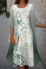 Elegant Bamboo Print Crew Neck Half Sleeve Comfy Two Piece Set Midi Dress