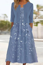 Leaves Embroidery Pockets Comfy Two-Piece Maxi Dress