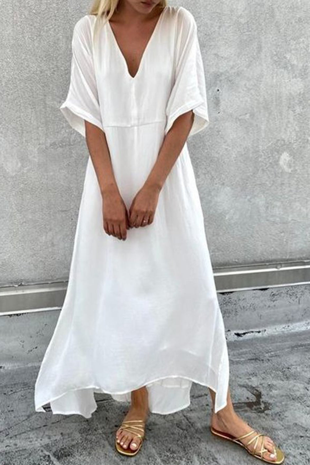 Solid Color V-neck Side Slit Short Sleeve Loose Casual Maxi Dress