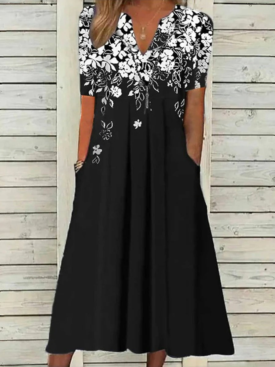 Vintage Floral V-neck Pockets Short Sleeve Ruched Comfy Maxi Dress