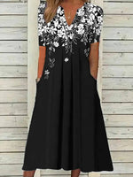 Vintage Floral V-neck Pockets Short Sleeve Ruched Comfy Maxi Dress