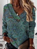Ethnic Tribal Print V-neck Casual Long Sleeves Blouse