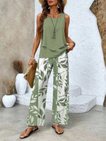 Green Plant Print Square Neck Two Piece Suit
