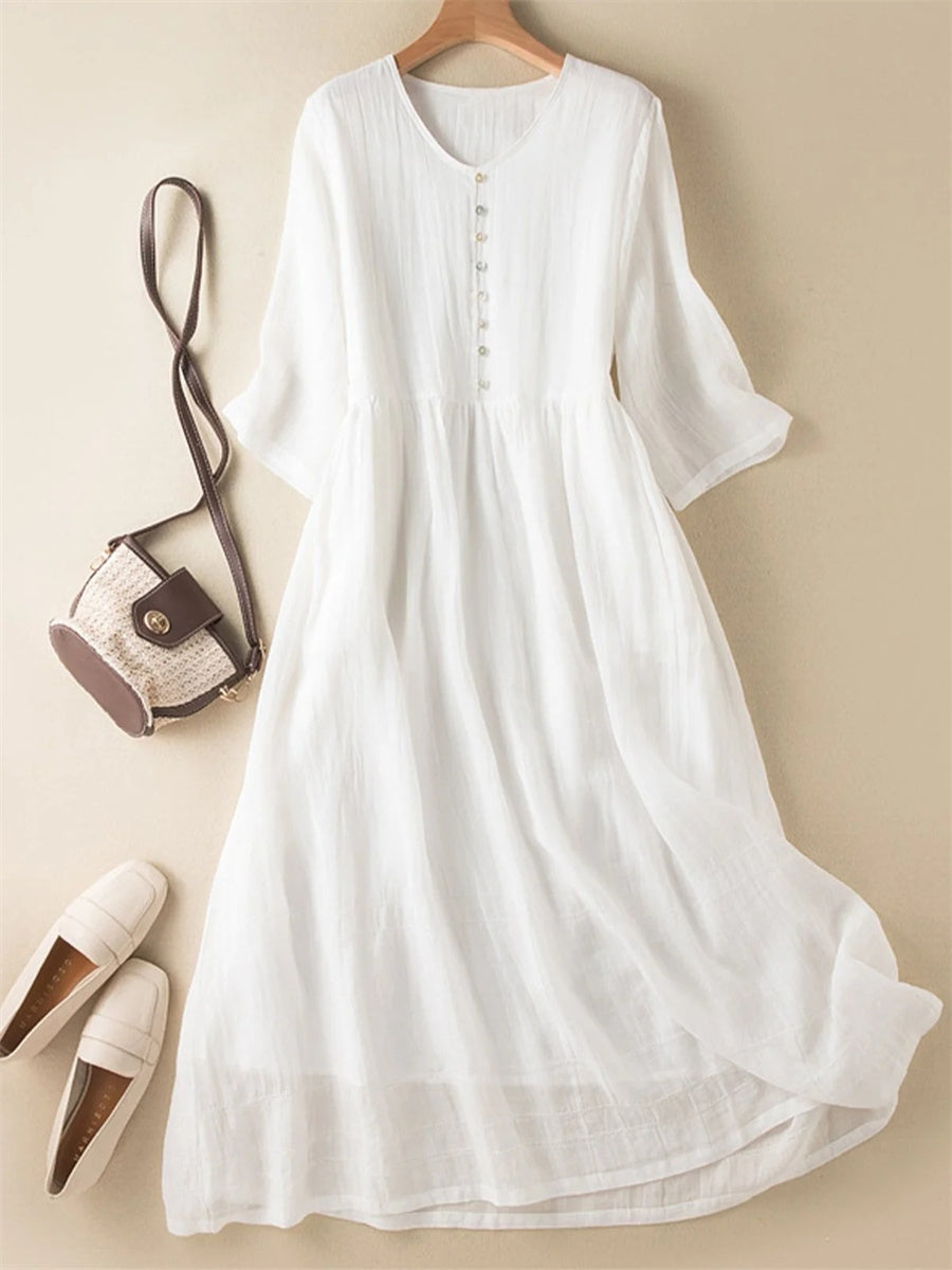 Pure White V-neckButton-Down Short Sleeve Midi Dress