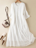 Pure White V-neckButton-Down Short Sleeve Midi Dress