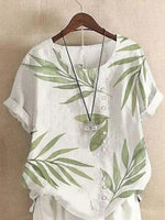 Bamboo Print Round NeckButtons Short Sleeves Blouse