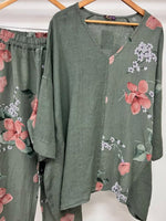 V-neck Botanical Floral Print Tops And Pants Two-piece Suits