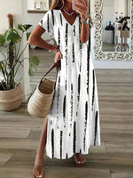 Casual V-neck White Striped Short Sleeves Maxi Dress