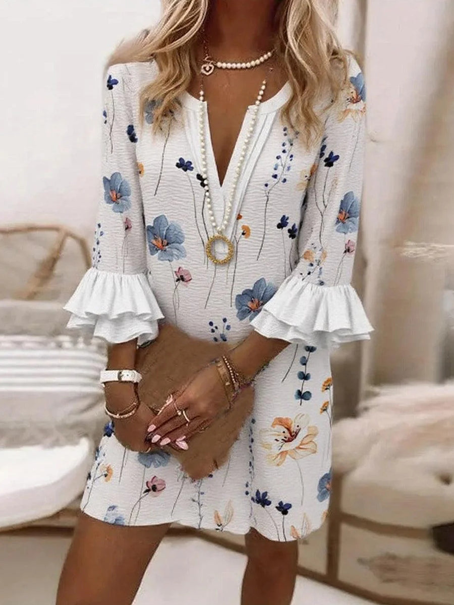 White Floral Print V-neck Ruffle 3/4 Sleeves Mini Dress