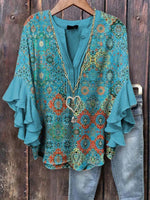 Bohemian Color Print Loose V-neck Ruffle 3/4 Sleeves Blouse