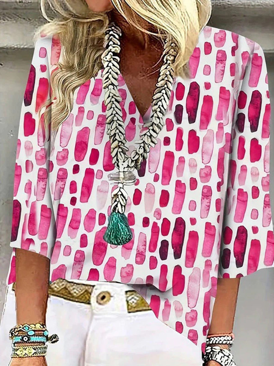 Retro Casual V-neck 3/4 Sleeve Blouse