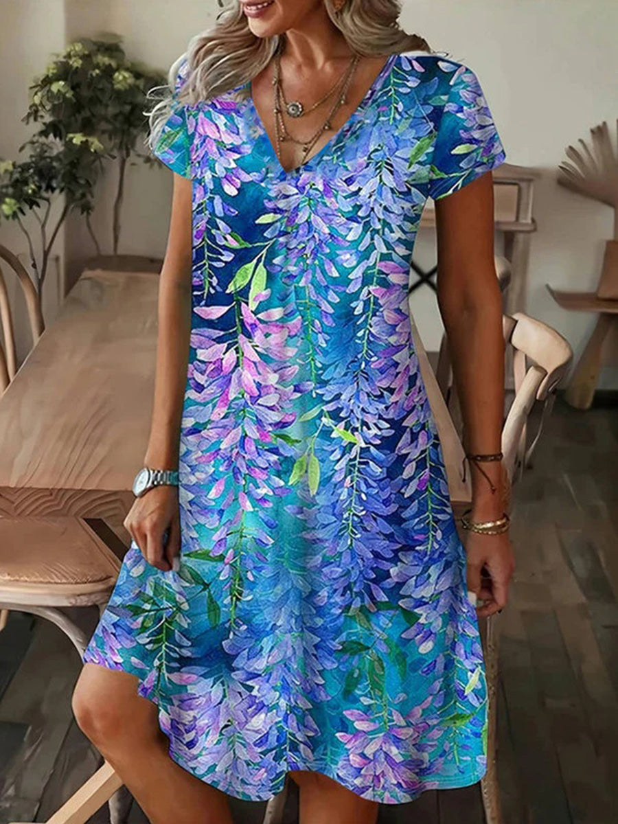 Retro Leaf Print V-Neck Short Sleeve Mini Dress