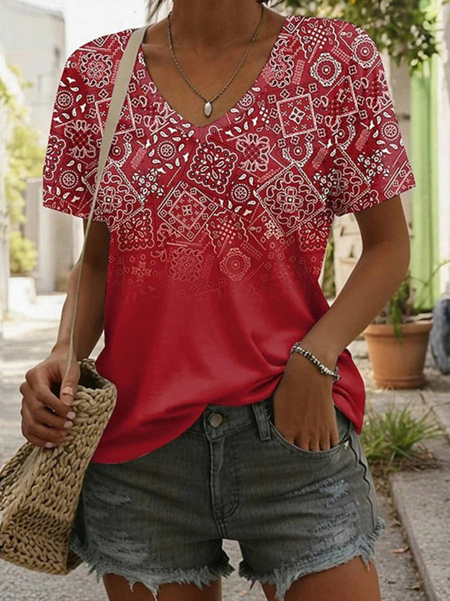 Retro Ethnic Style Printed V-neck Short Sleeve T-Shirt