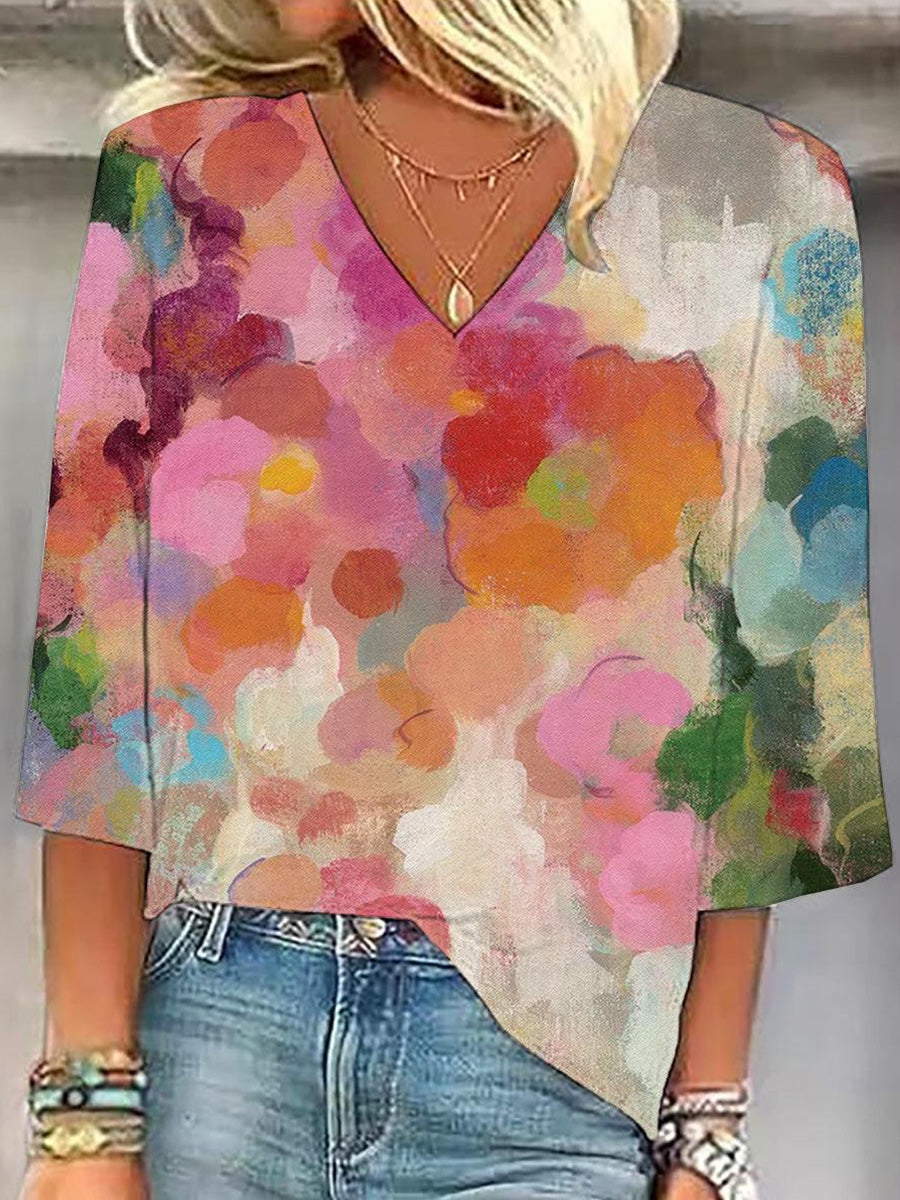 Youthful Floral Print V-Neck 3/4 Sleeve Tops