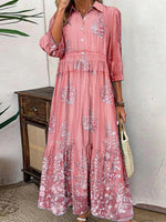 Pink Lapel 3/4 Sleeve Maxi Dress