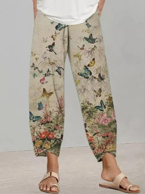 Floral Butterfly Print with Pockets Casual Pants