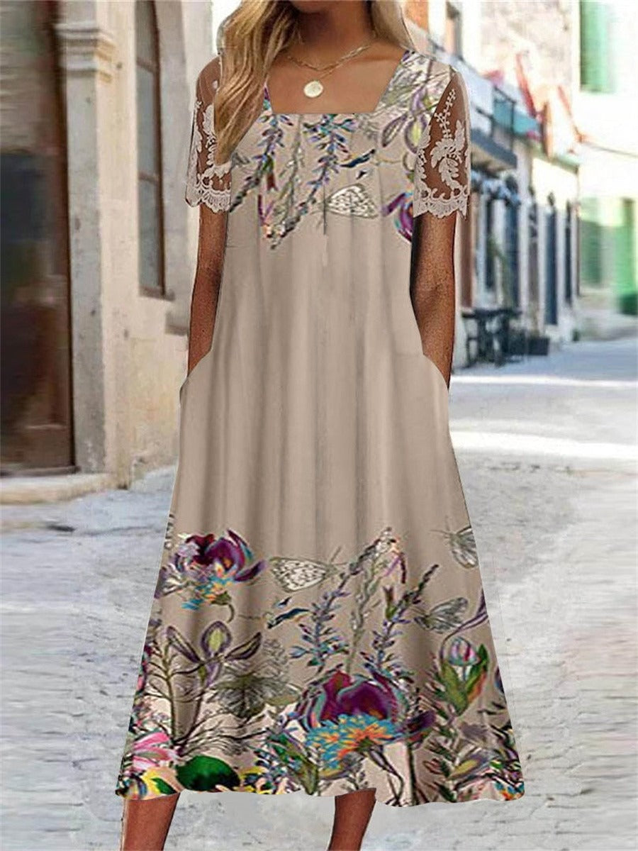 Short Sleeve Square Neck Floral Print Lace Panel Midi Dresses