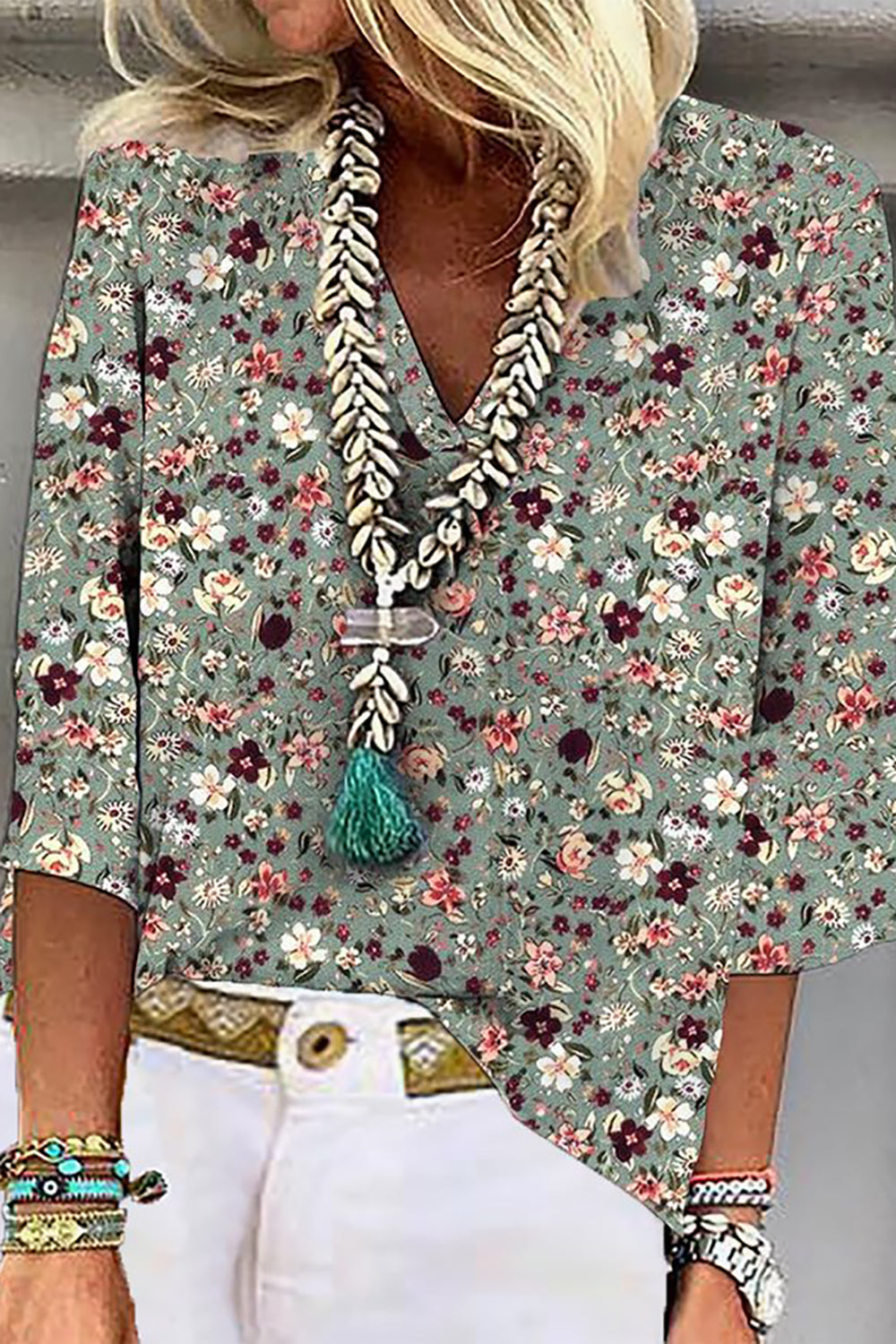 Floral Print V-Neck 3/4 Sleeve Blouse