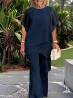 Navy Round Neck Short Sleeve Two-Piece Set