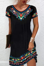 Bohemian Embroidered Short Sleeve Black Dress