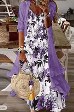 Bohemian 3/4 Sleeve V-Neck Floral Print Two-Piece Maxi Dress