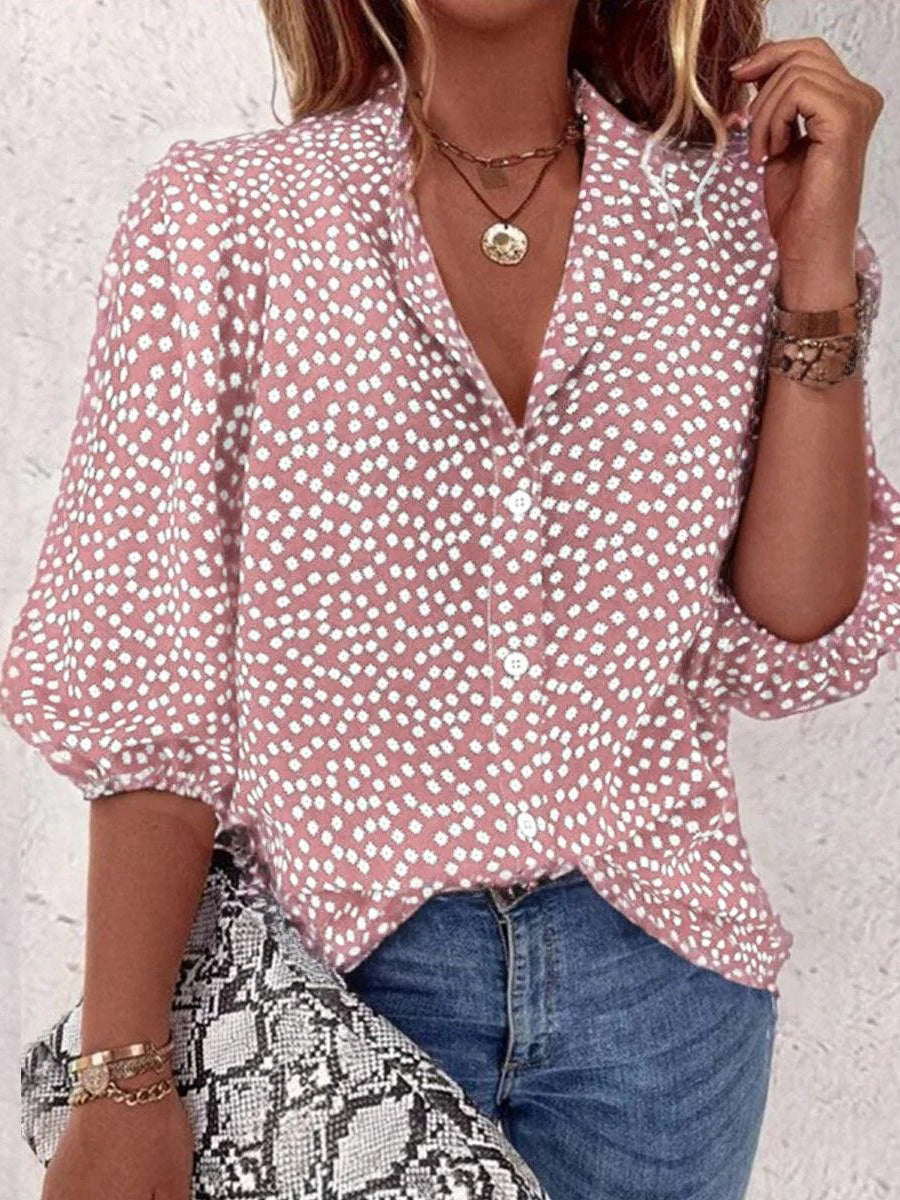 Pink Polka Dot Print 3/4 Sleeve Tops