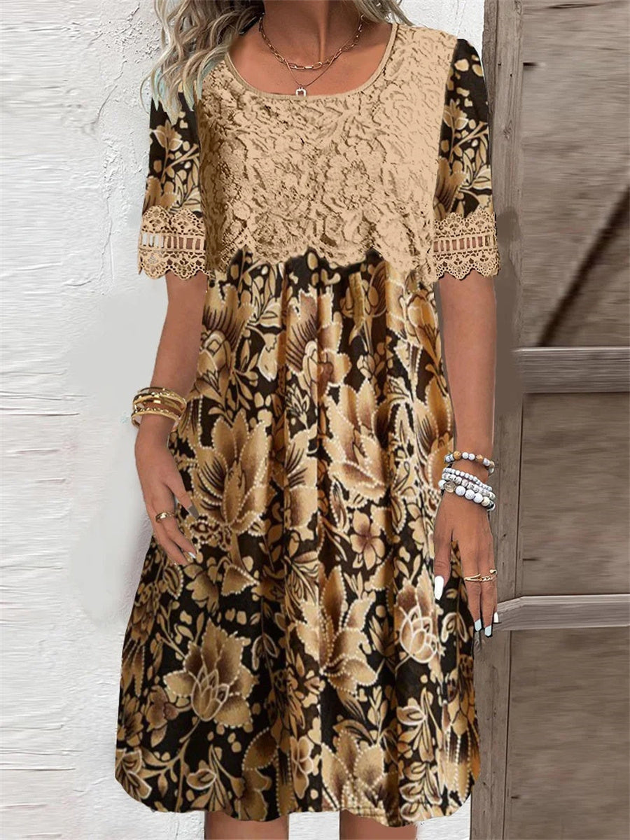Women's Short Sleeve Scoop Neck Lace Graphic Floral Printed Midi Dress