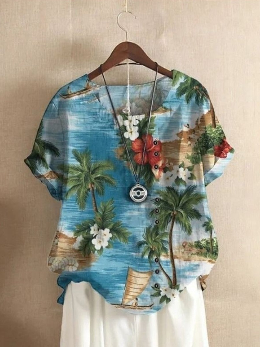 Blouse décontractée bleue imprimée hawaïenne à col rond