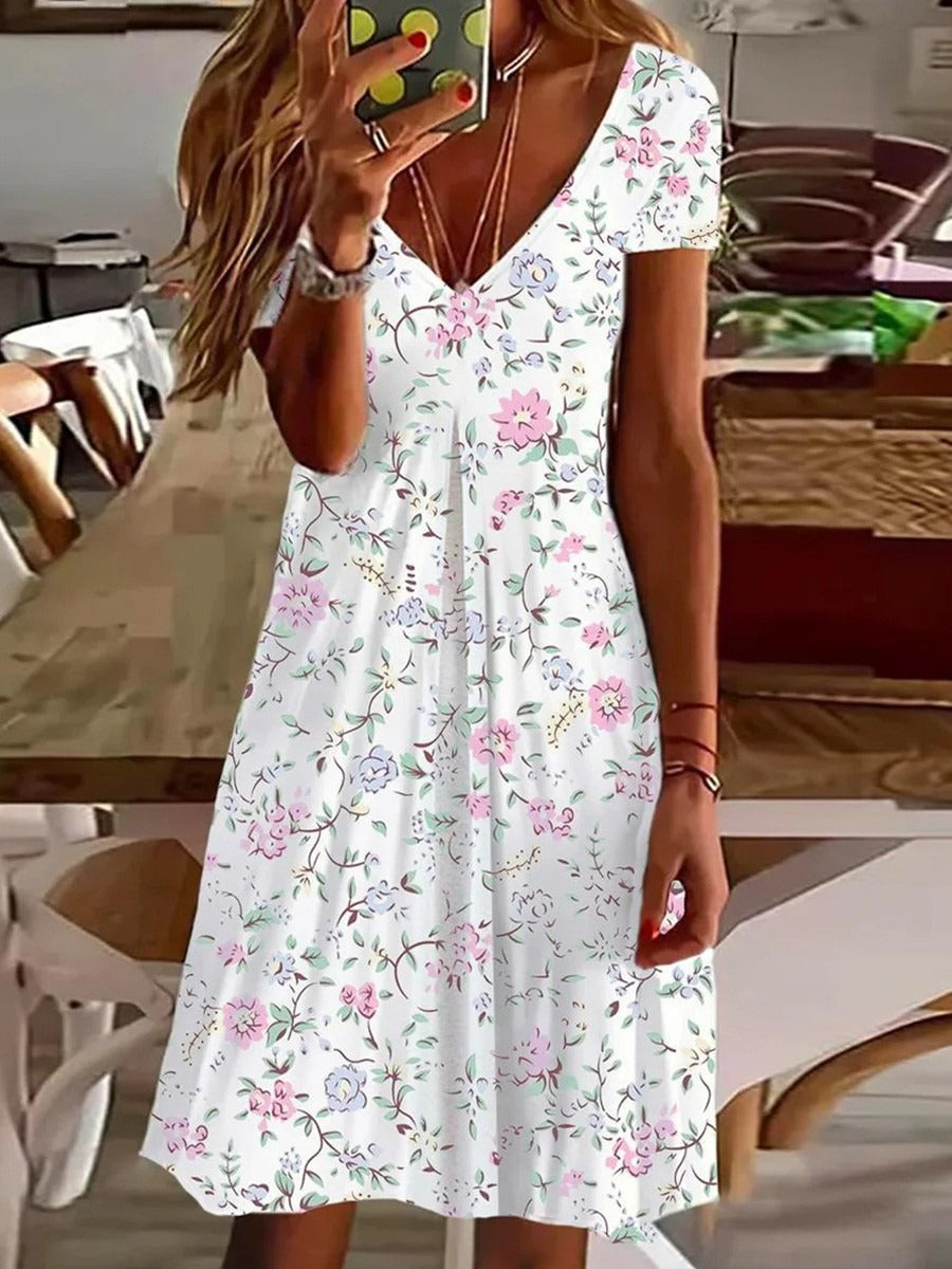 Floral Print V-Neck Short Sleeve Dress