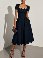 Black French Retro Wave-Collar Short Sleeve Maxi Dress