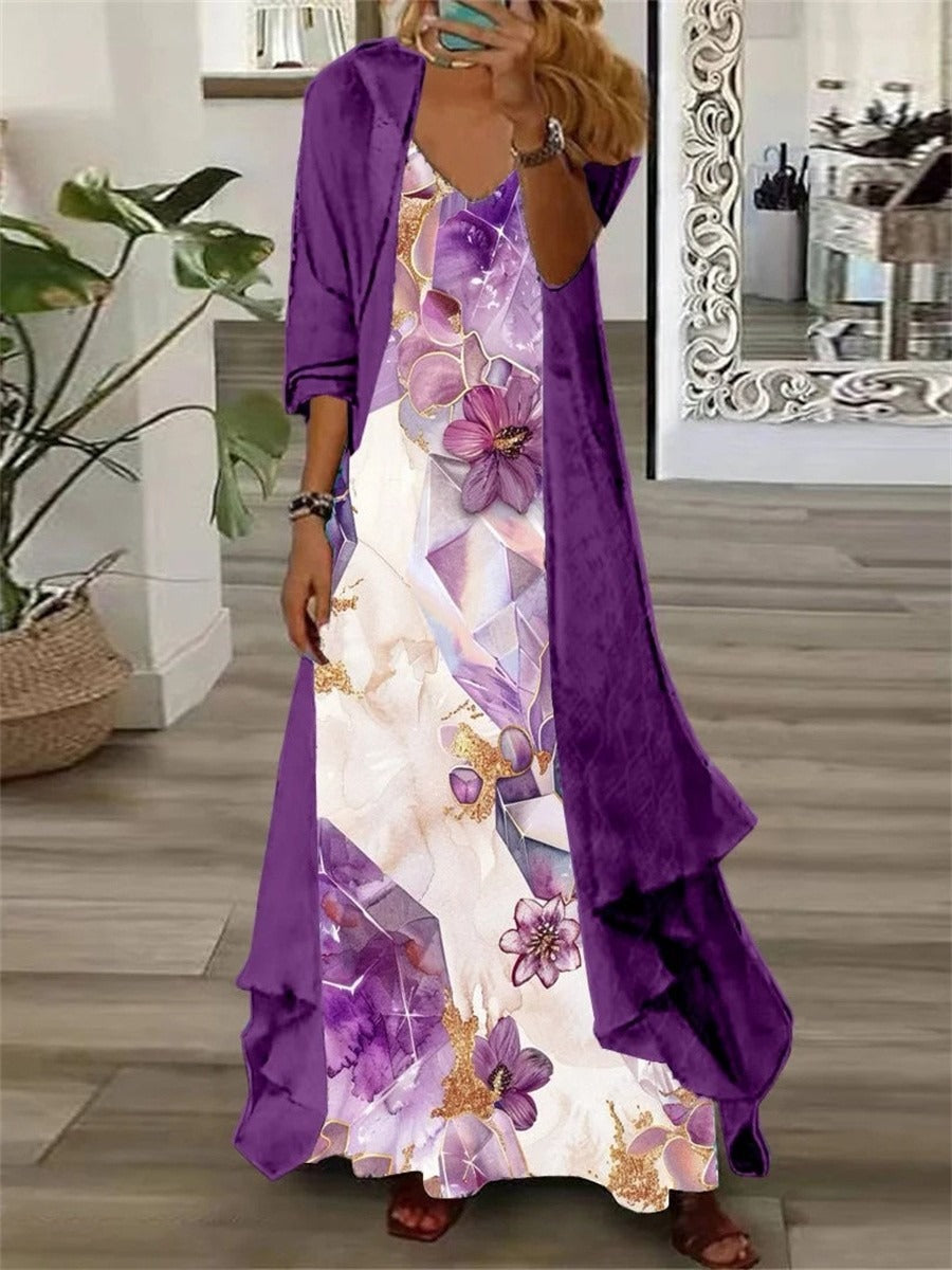 Purple V-Neck 3/4 Sleeve Dress Two-Piece Set