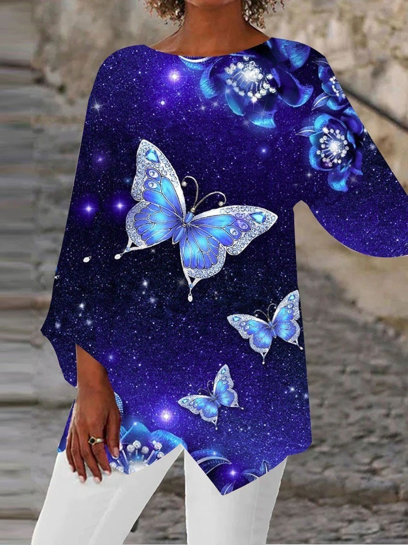 Butterfly Print Round Neck Long Sleeve Irregular Hem Casual Blouse