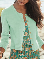Plain Crew Neck Long Sleeve Buttons Vacation Cardigan