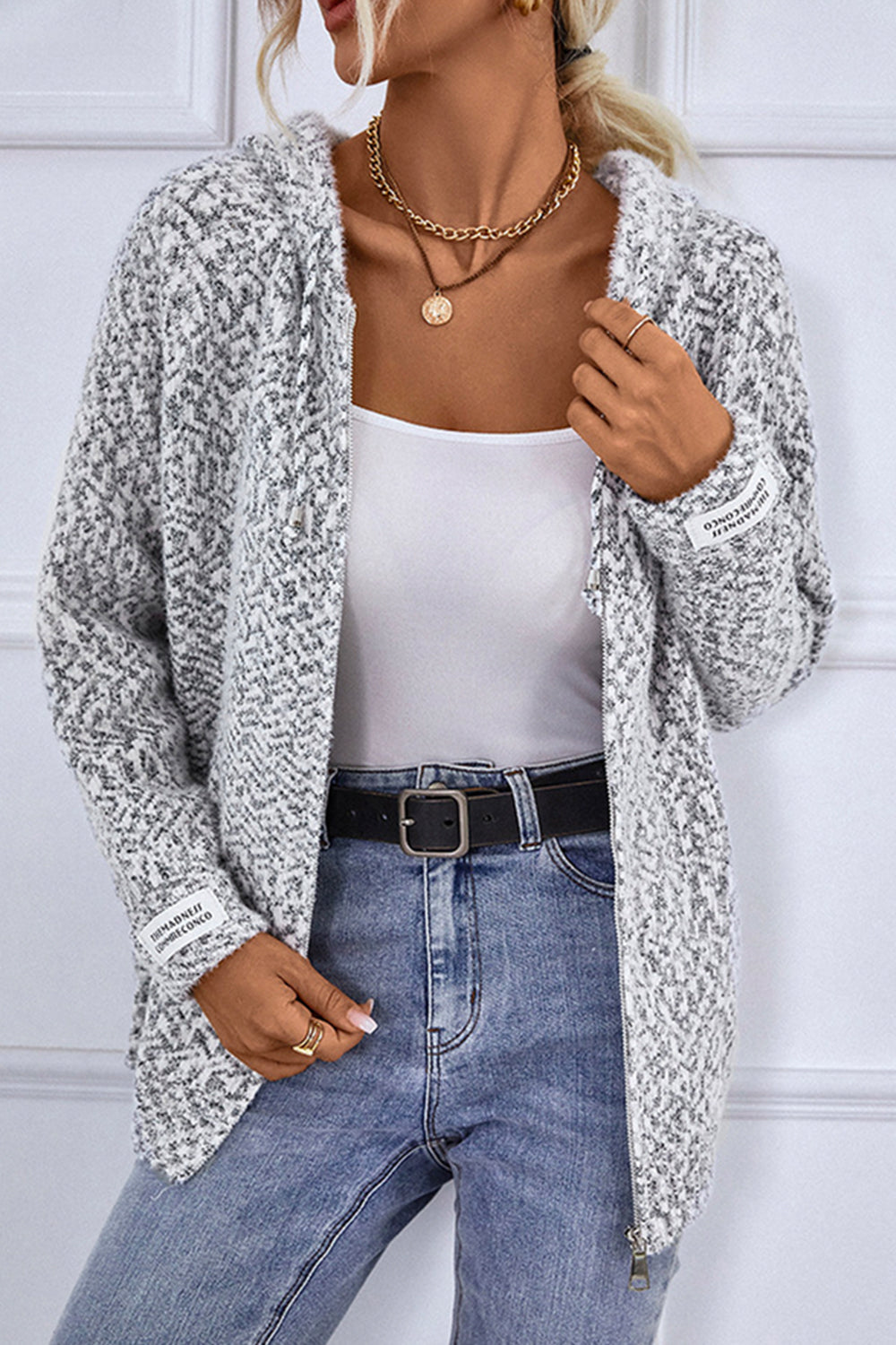Geometric Hooded Long Sleeve Pocket Stitching Casual Cardigan