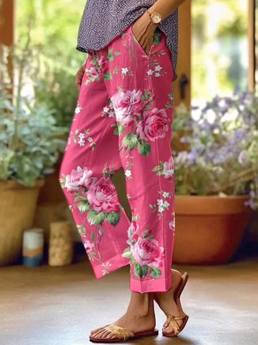 Pink Floral Print Pockets Casual Comfy Pants