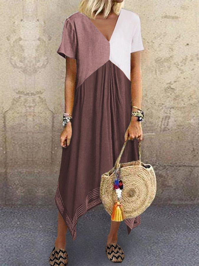 Geometric Patchwork Irregular Hem V-neck Short Sleeve Holiday Midi Dress