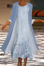 Floral Crew Neck 3/4 Sleeve Elegant Comfy Two Piece Maxi Dress