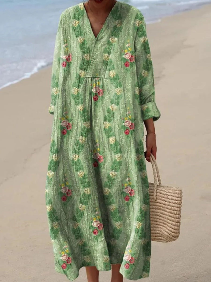 Green Floral Print V-Neck Long Sleeve Vacation Maxi Dress
