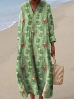 Green Floral Print V-Neck Long Sleeve Vacation Maxi Dress