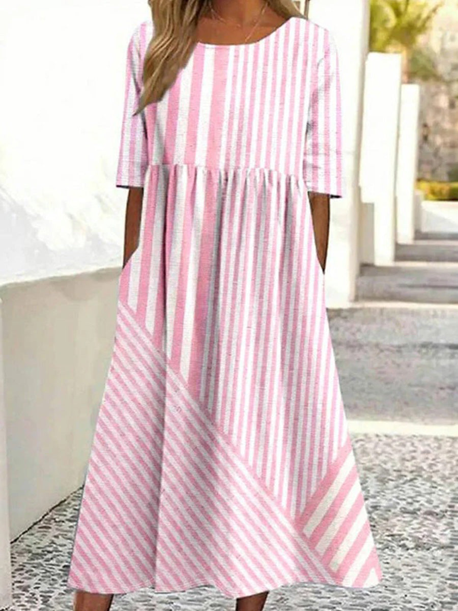 Stripe Print Round Neck Half Sleeve Pockets Comfy Maxi Dress