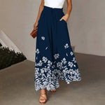 Navy Floral Print Elastic Waisted Side Pocket Wide Leg Pants
