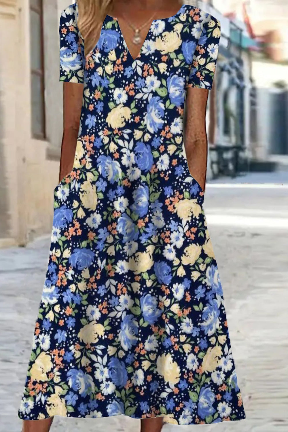 V Neck Short Sleeve Floral Pocket Midi Dress